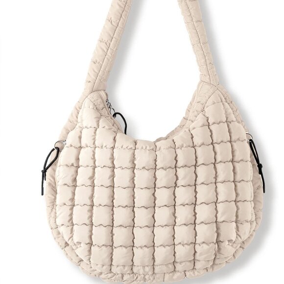 Quilted Puffer Tote Bag for Women Ivory Fall Autumn Hobo Purse - Picture 1 of 12